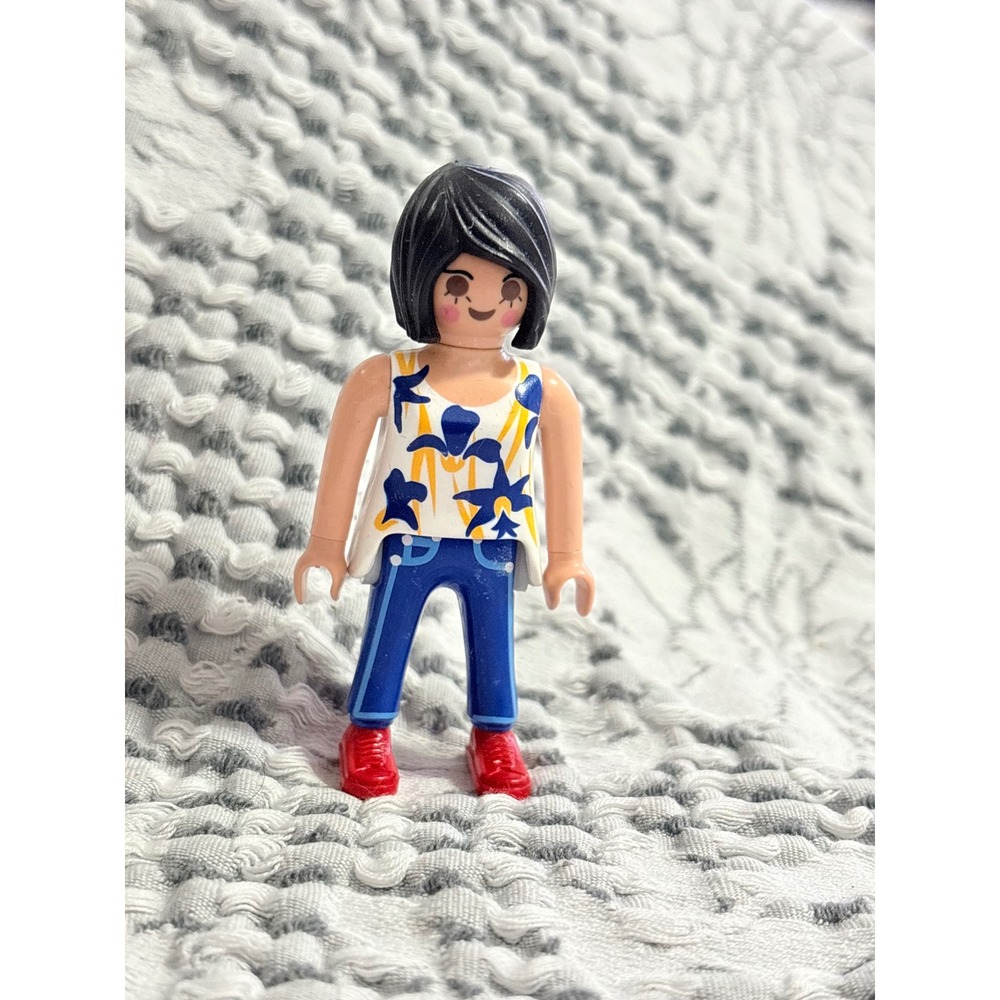 Playmobil Female Figure Floral Tank Top Blue Jeans Red‎ Shoes Black Hair 2.95in